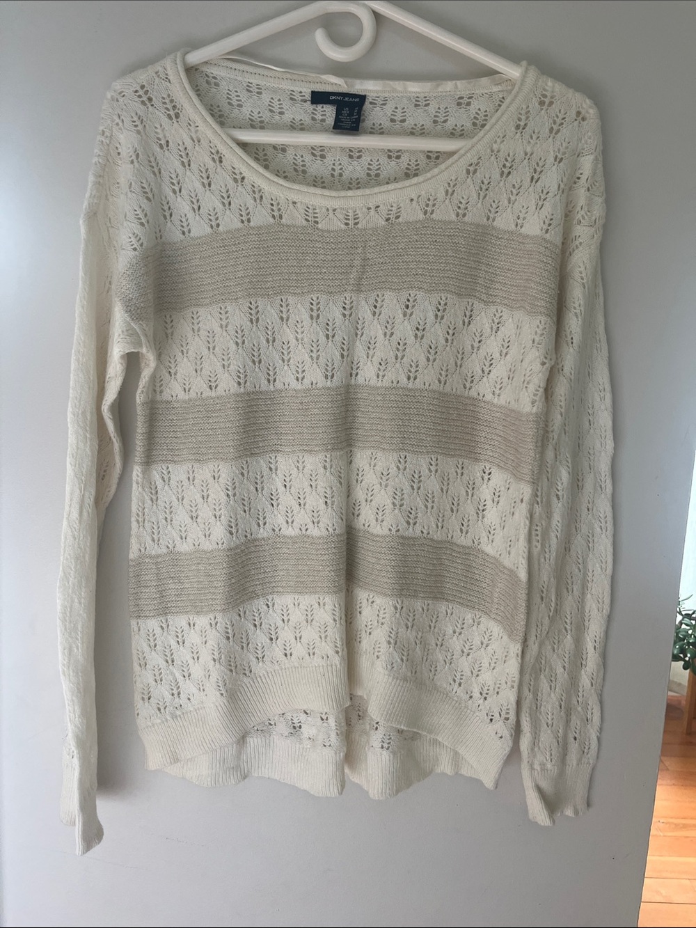 Donna Karan Cream Openwork Sweater with Beige Stripes